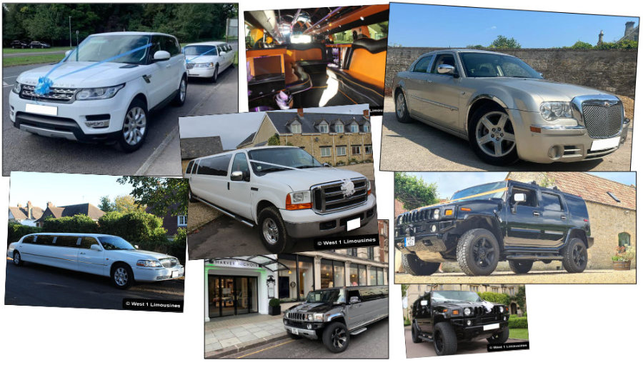 Montage of limousines, chauffeur cars and wedding cars for hire